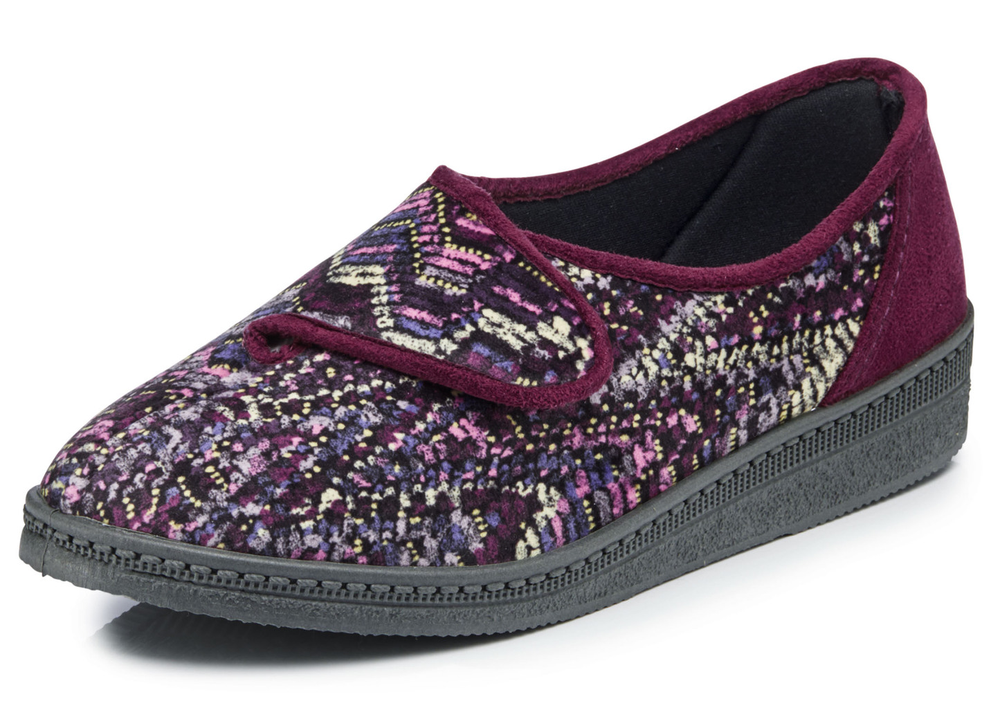 Klassische Damen-Hausschuhe, Weite H, mit Klettverschluss, Bordeaux-Multicolor, Größe 39 von BADER