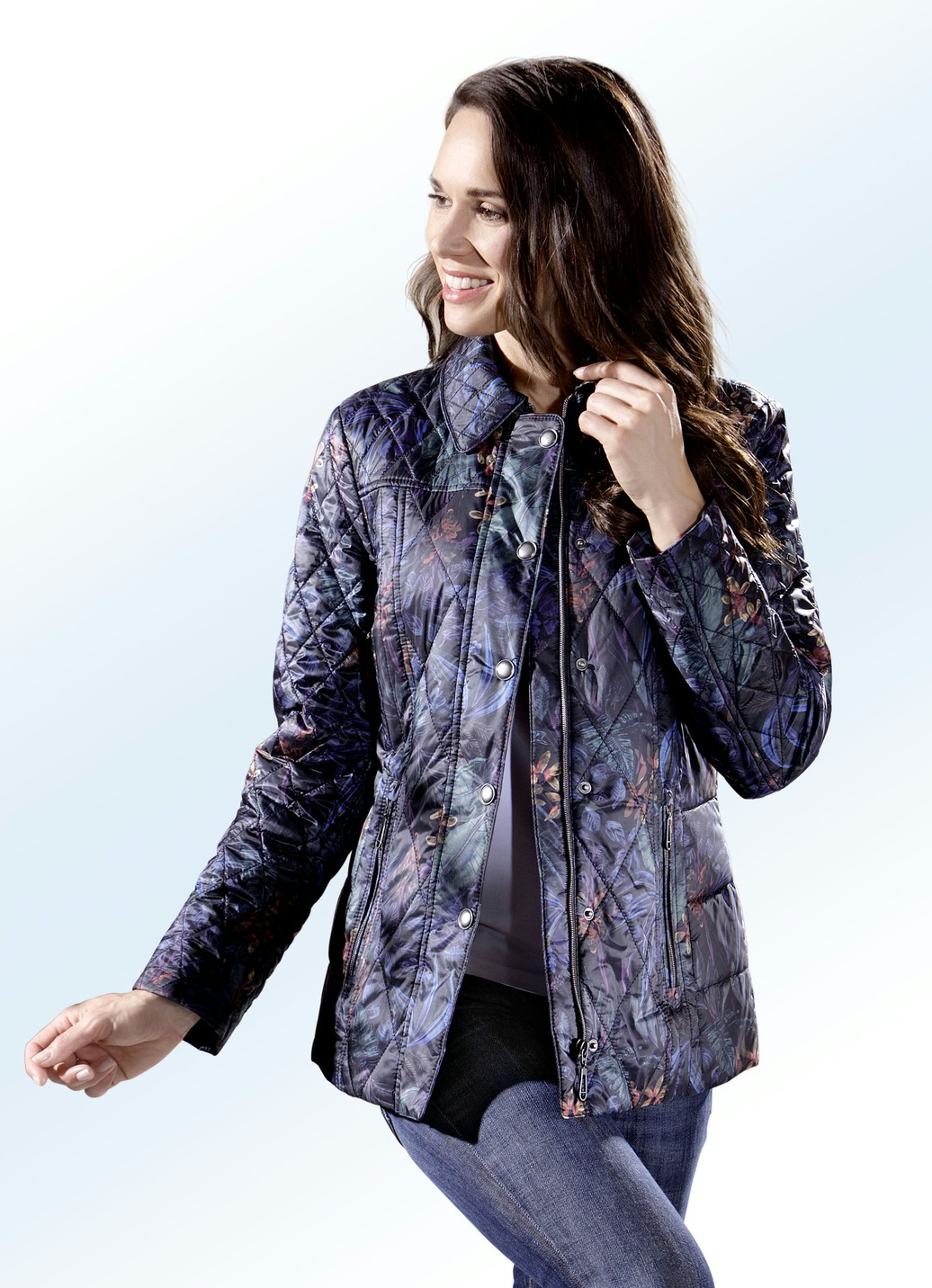 Jacke mit Blüten- und Blätterdessin, Nachtblau, Größe 36 von BADER