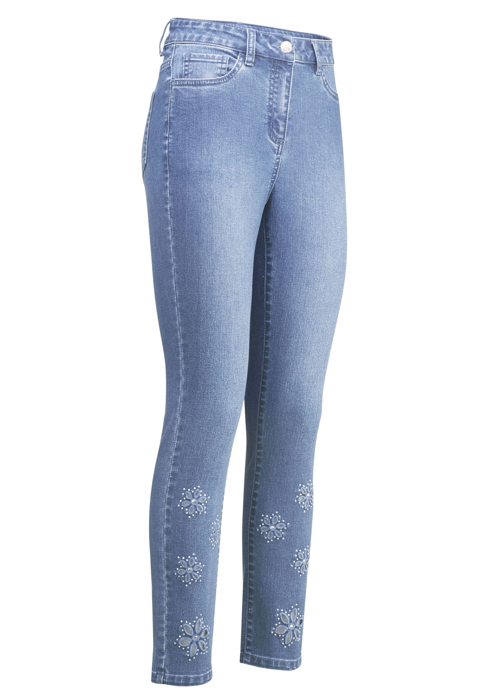 Jeans mit floralen Lochstickereien und Strasssteinchen, Hellblau, Größe 34 von BADER