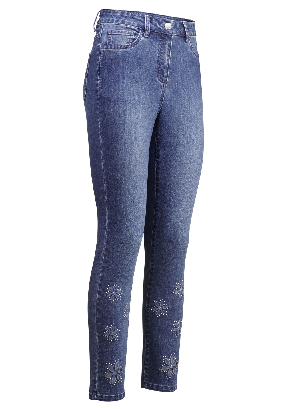 Jeans mit floralen Lochstickereien und Strasssteinchen, Jeansblau, Größe 50 von BADER