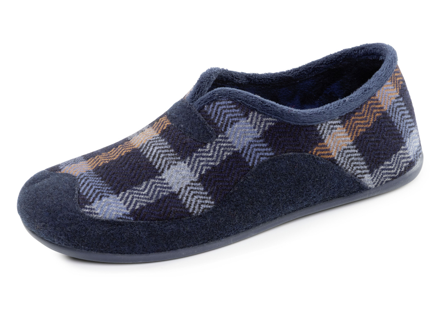 Klassische Herren-Hausschuhe, mit herausnehmbarem Fußbett, Blau-Camel, Größe 43 von BADER