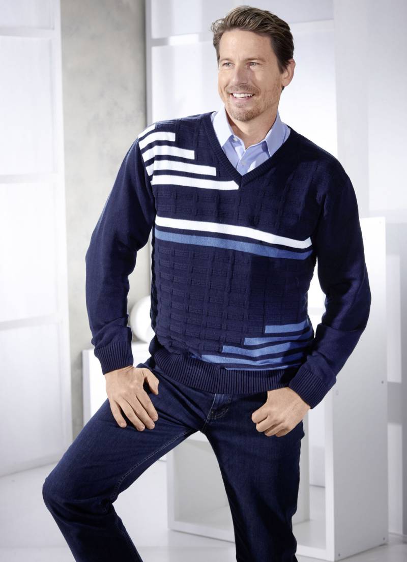 Klassischer Pullover mit V-Ausschnitt in 3 Farben, Marine, Größe 58 von BADER