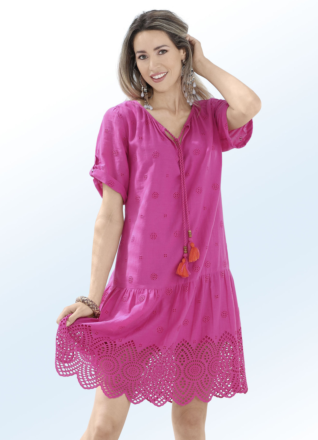 Kleid mit Lochstickerei, aus reiner Baumwolle, Fuchsia, Größe 38 von BADER