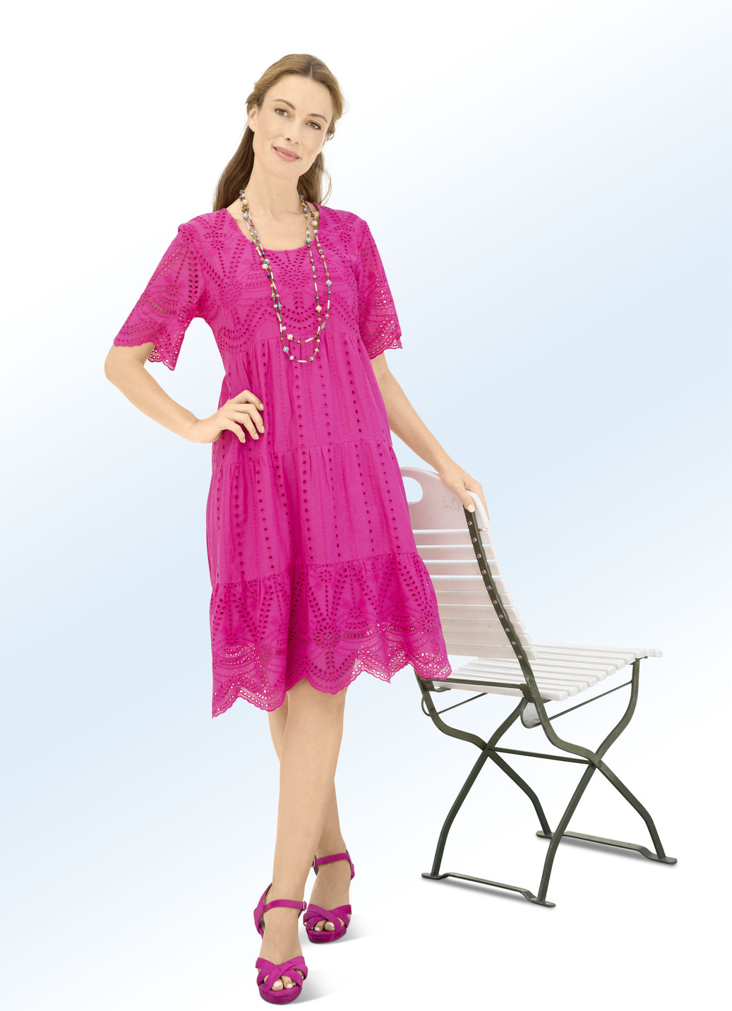 Kleid mit modischen Stufenvolants, Pink, Größe 34 von BADER