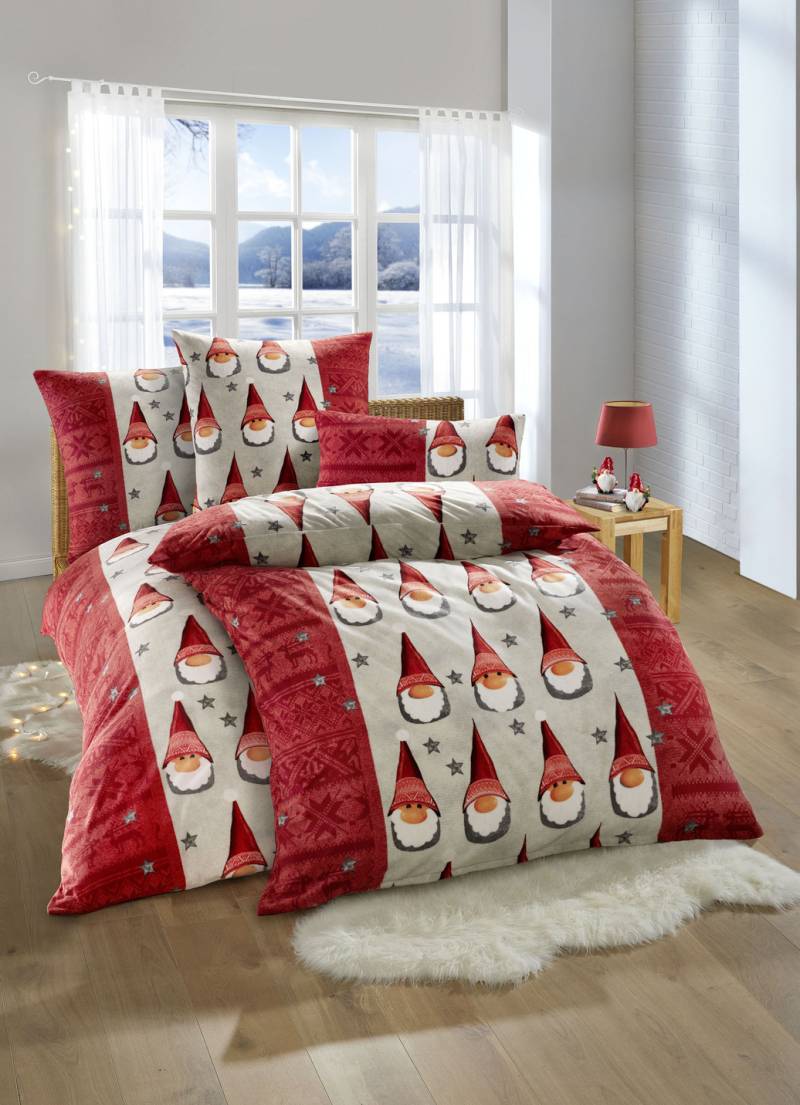Kuschelige Bettwäsche-Garnitur mit weihnachtlichem Motiv, Größe 115 (80/80 cm + 155/220 cm), Rot-Bunt von BADER