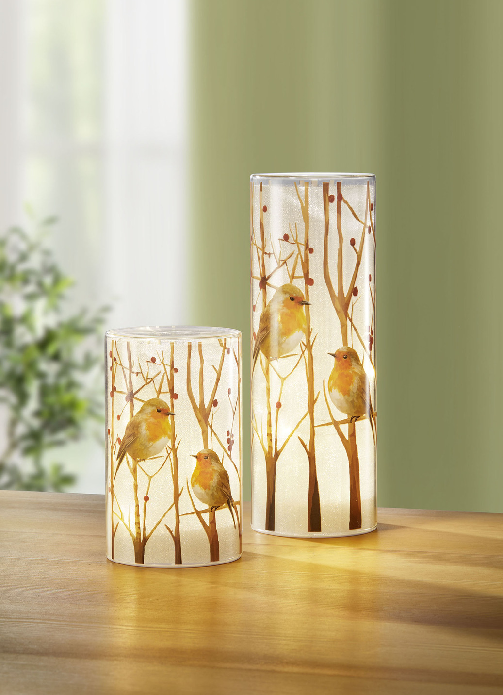 LED-Windlicht mit Rotkehlchen-Motiv, 2er-Set, Weiss-Braun LED-Windlicht mit Rotkehlchen-Motiv, 2er-Set, Weiss-Braun von BADER