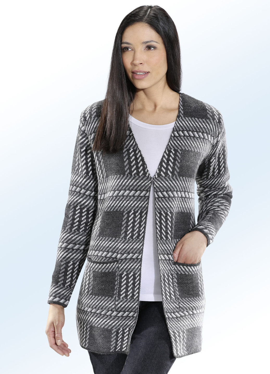 Long-Strickjacke in Jacquard-Dessin, Grafit-Grau-Ecru, Größe 38 von BADER