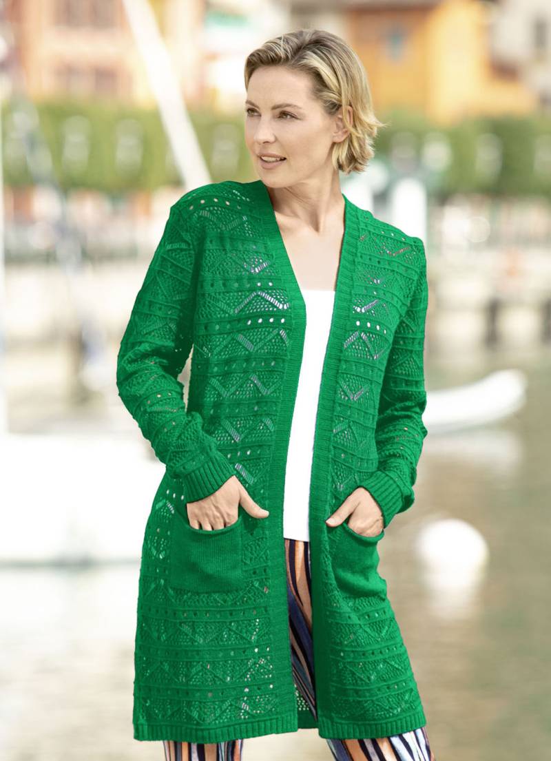 Long-Strickjacke mit Ajourdessin, Grün, Größe 36 von BADER