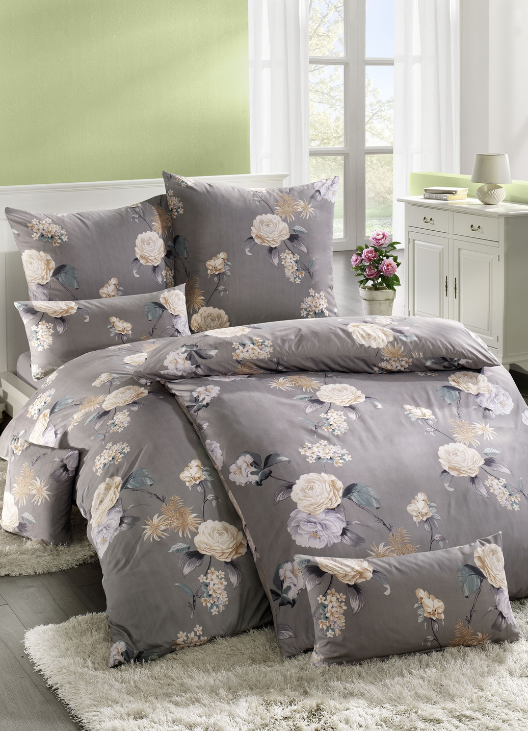 Microfaser Bettwäsche-Garnitur mit Reißverschluss, Größe 912 (10-teiliges Sparset), Grau von BADER