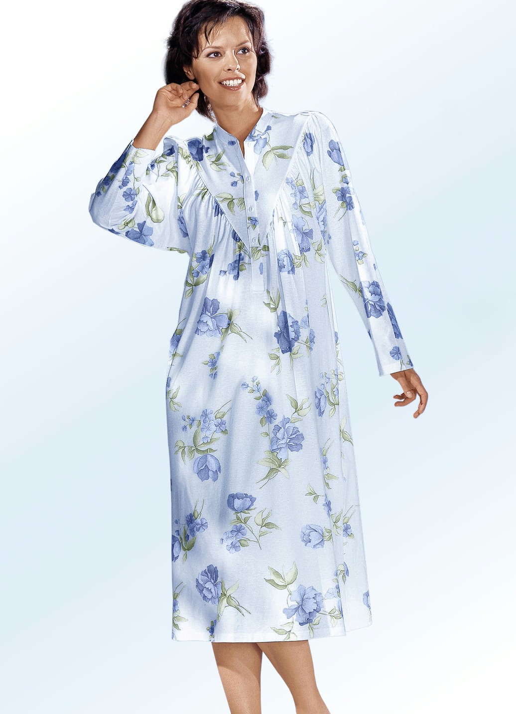 Nachthemd mit Vorderteilpasse und Raffungen Bleu-Bunt Größe 40 Damen von BADER
