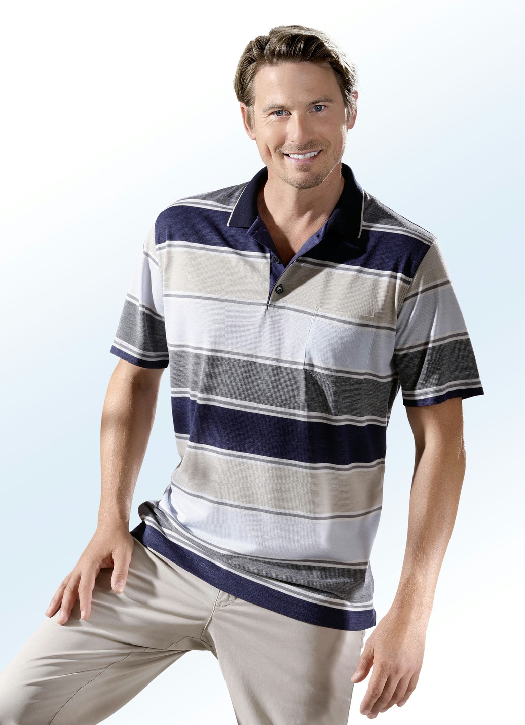 Poloshirt mit kurzer Knopfleiste, Marine-Sand-Bleu, Größe 48 von BADER