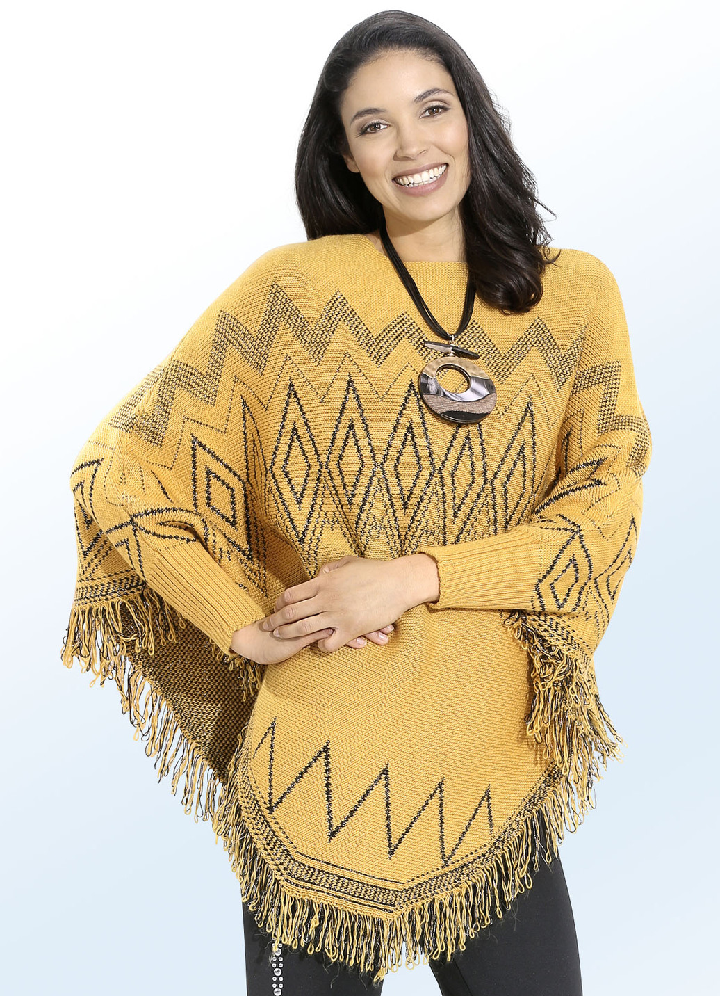 Poncho-Pullover mit Glitzerakzenten, Größe XS(32/34), Safran-Schwarz von BADER