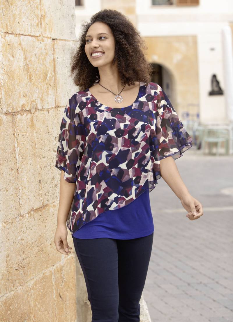 Poncho-Tunika mit tollem Druck, Royalblau-Marine-Bordeaux-Bunt, Größe 36 von BADER