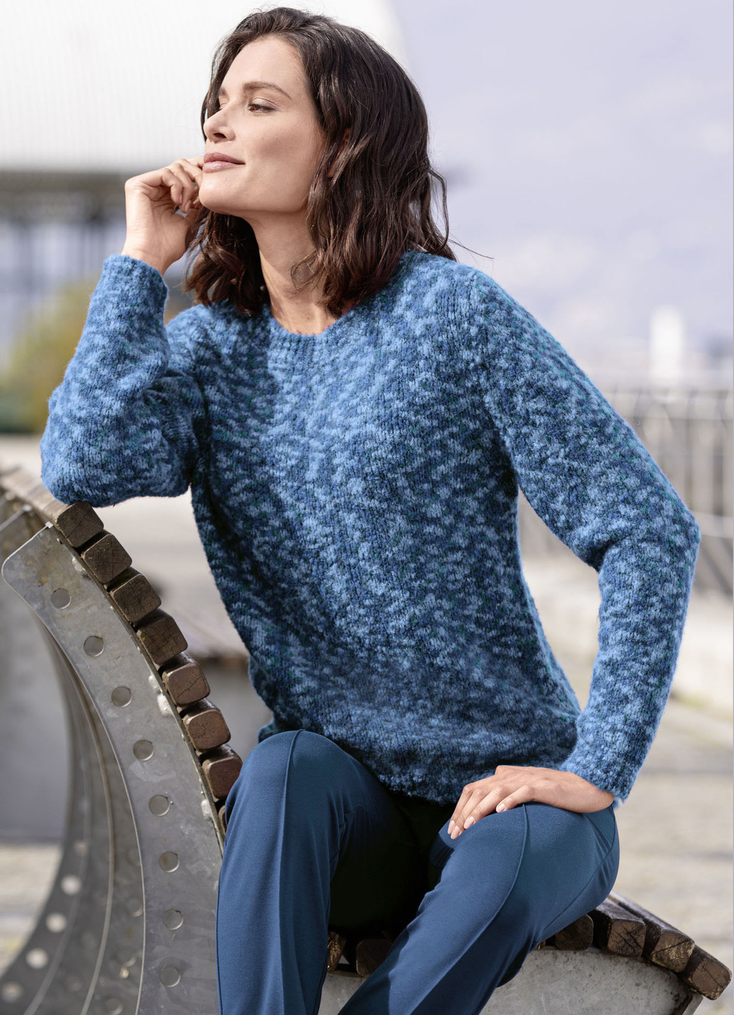 Pullover aus hochwertigem Bouclégarn, Petrol-Hellblau-Multicolor, Größe M(40/42) von BADER