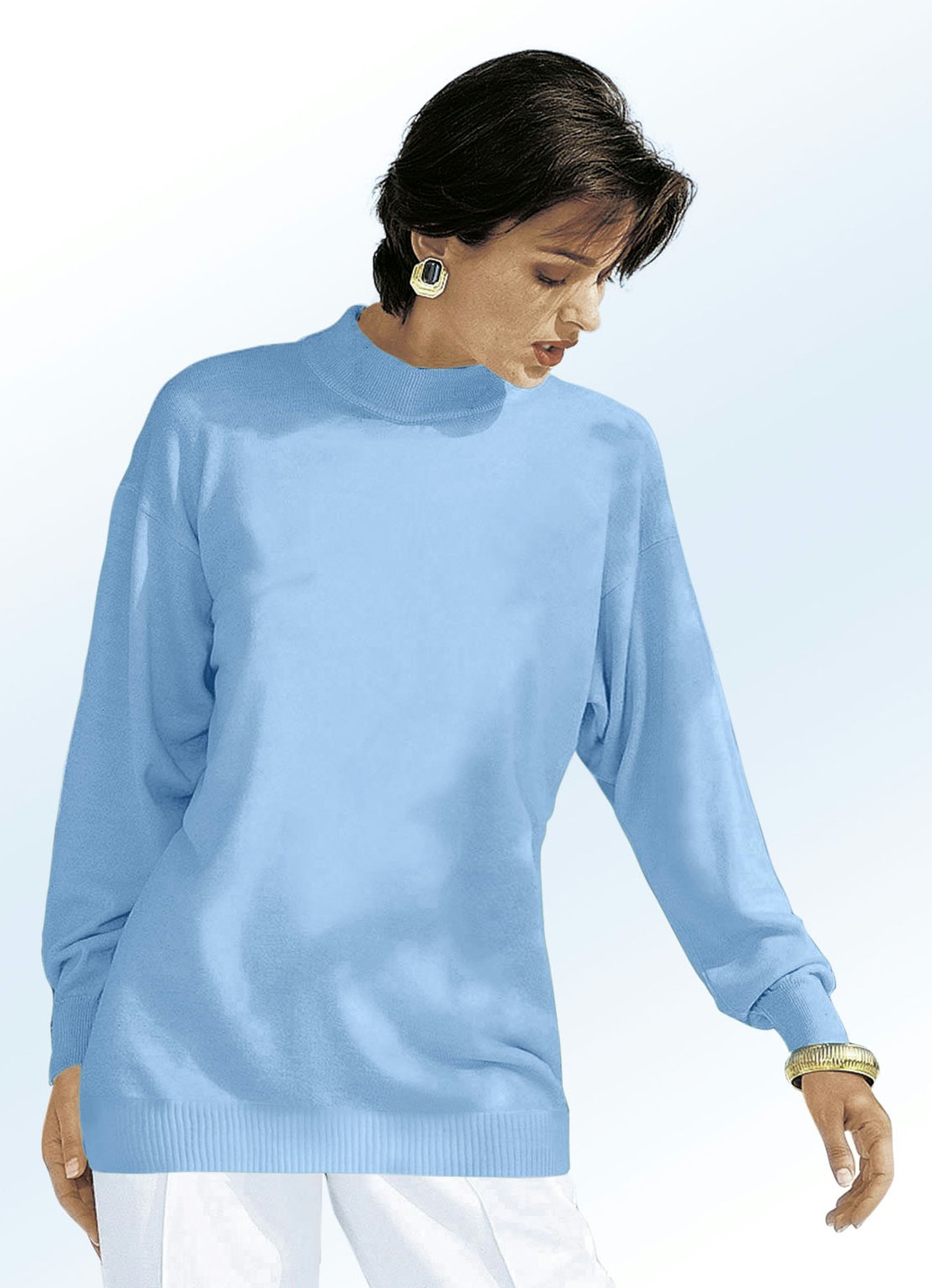 Pullover in Feinstrick mit Schurwolle, Bleu, Größe 50 von BADER