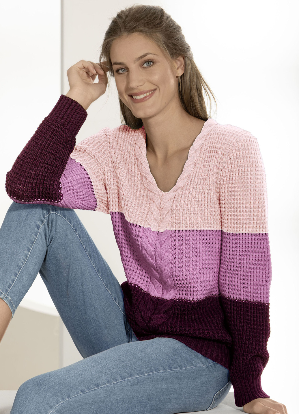 Pullover in Color-Blocking, Rosa-Rosé-Bordeaux, Größe 42 von BADER