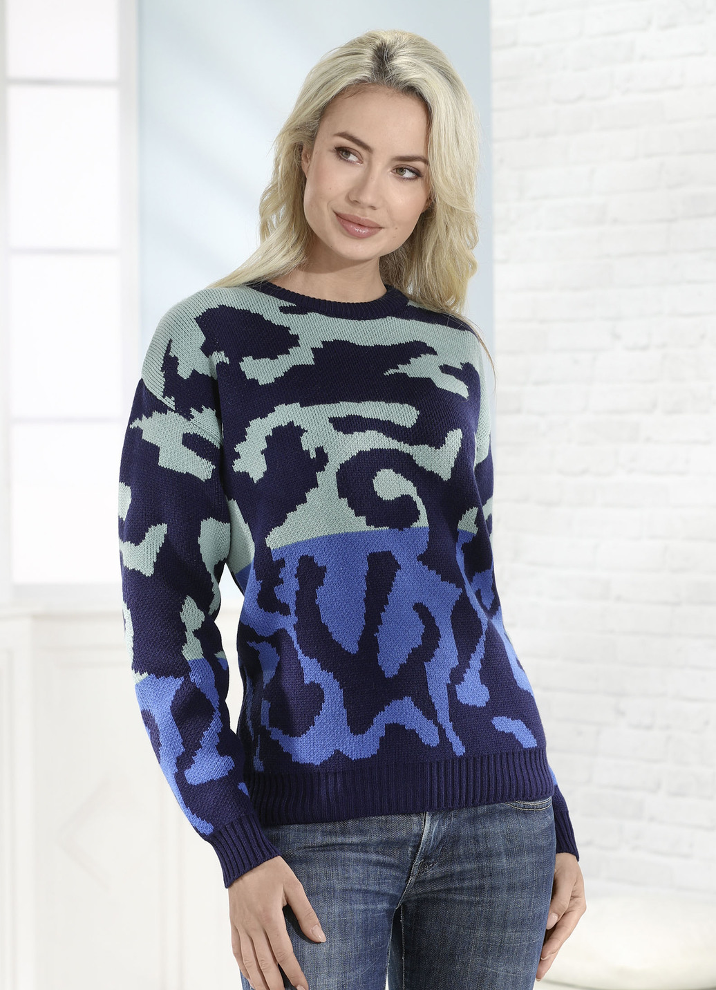 Pullover in Jacquard-Dessin, Marine-Mint-Blau, Größe S(36/38) von BADER