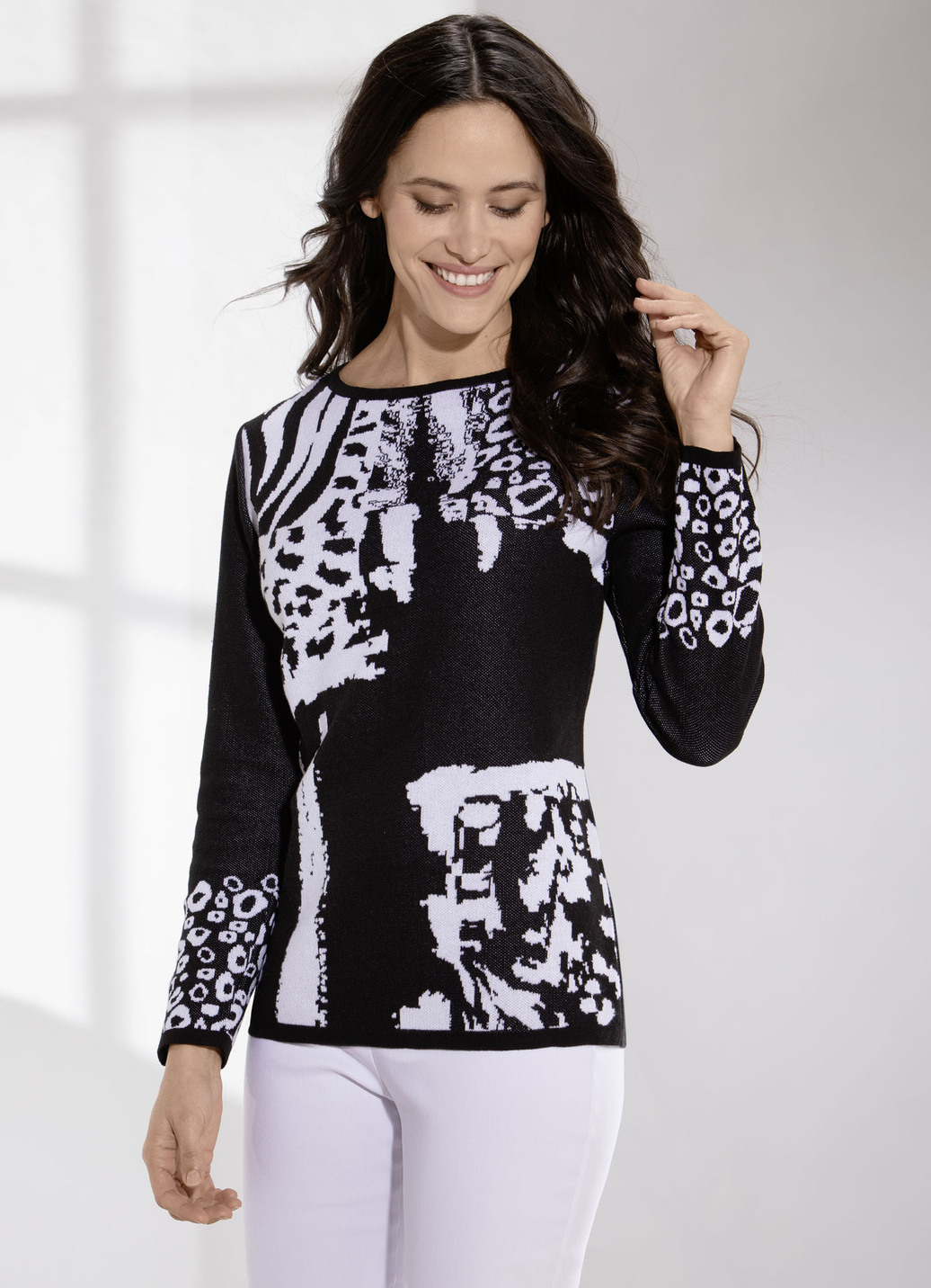 Pullover in Jacquard-Dessin, Schwarz-Weiss, Größe 52 von BADER