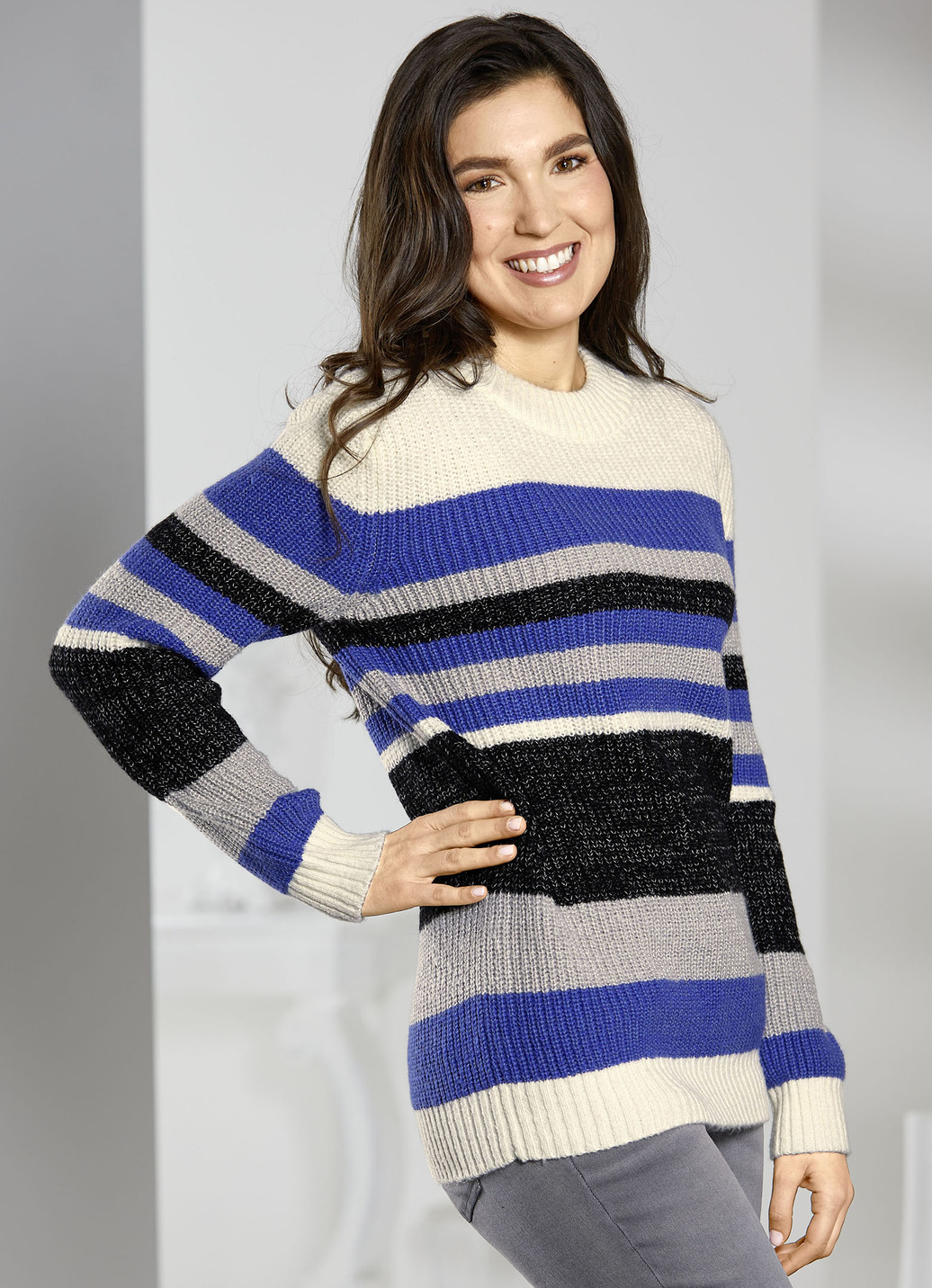 Pullover in Perlfang, Ecru-Blau-Multicolor, Größe 40 von BADER