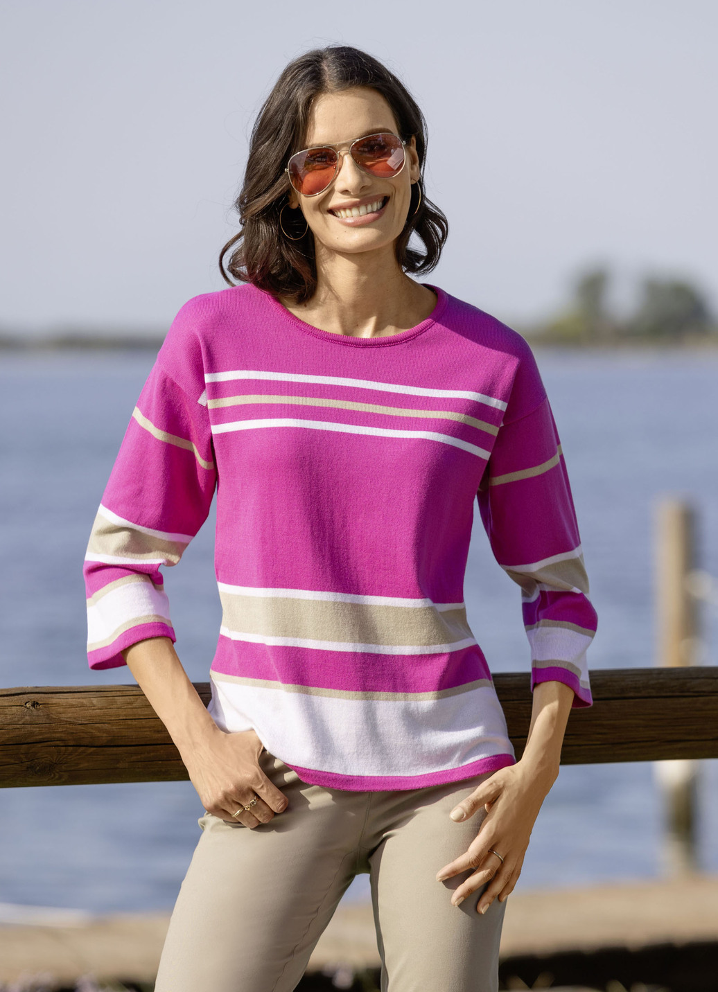 Pullover in Ringelmuster, Pink-Weiss-Beige, Größe 44 von BADER