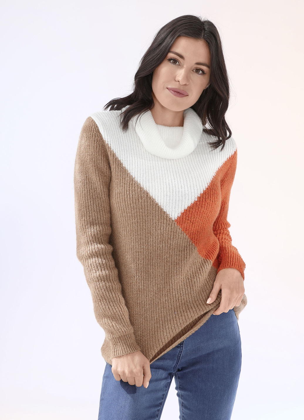 Pullover in superflauschiger Qualität, Camel-Orange-Wollweiss, Größe M(40/42) von BADER