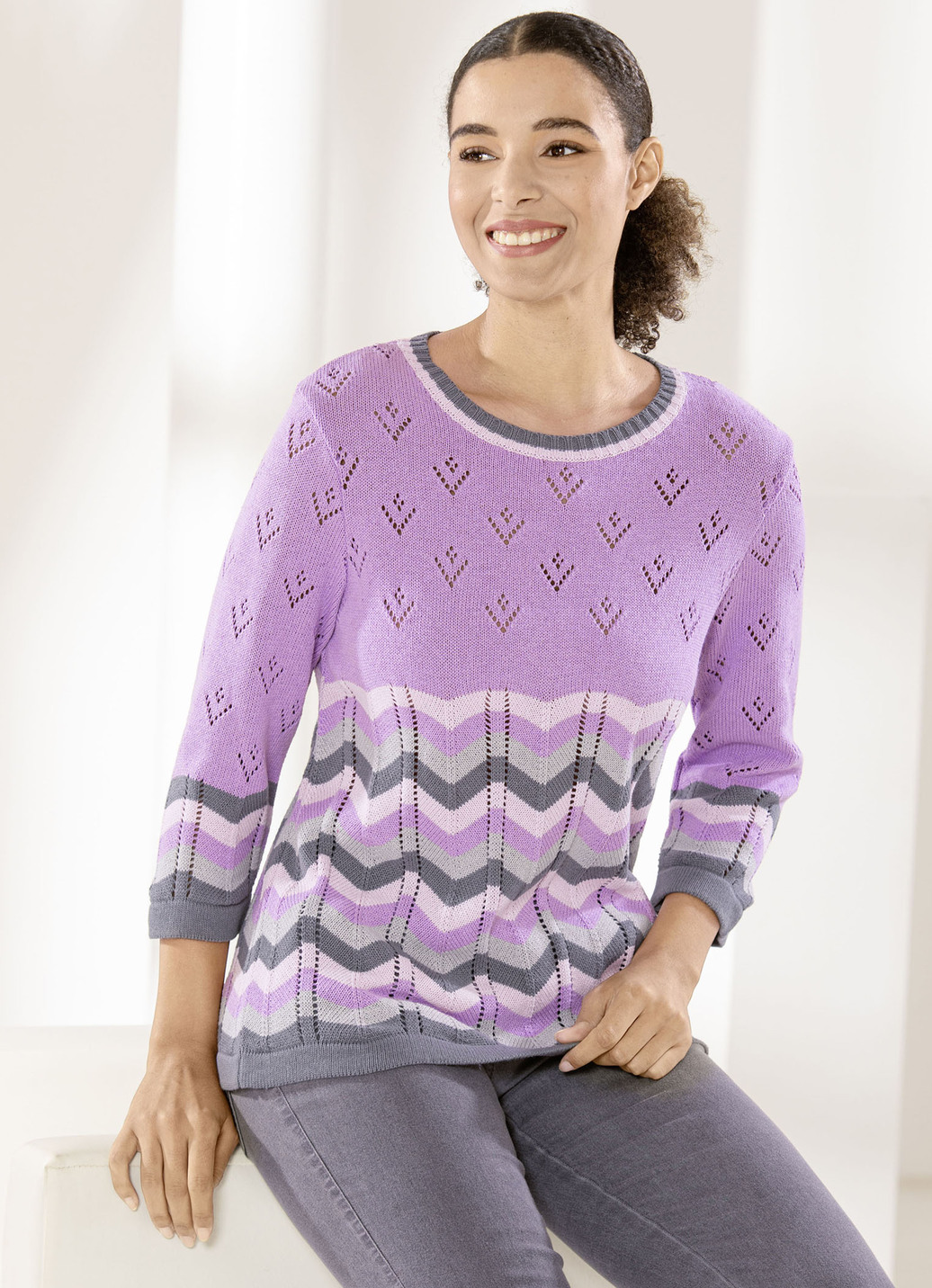 Pullover mit Ajourakzenten, Krokus-Grau-Multicolor, Größe 38 von BADER