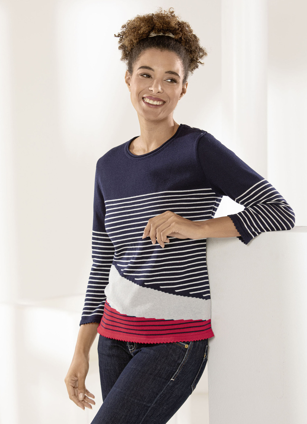 Pullover mit Intarsien, Marine-Weiss-Multicolor, Größe 40 von BADER