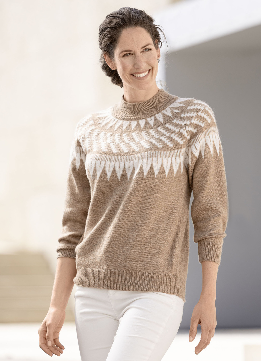 Pullover mit Norwegermuster, Größe L(44/46), Camel-Ecru von BADER