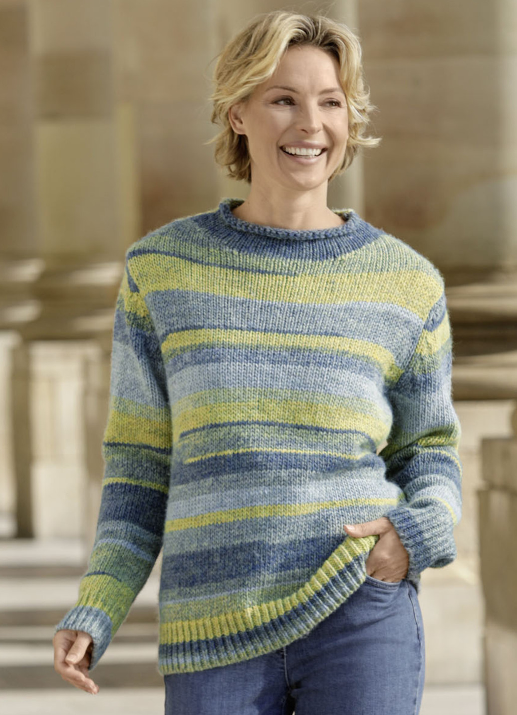 Pullover mit Schurwolle, Blau-Gelb-Multicolor, Größe L(44/46) von BADER