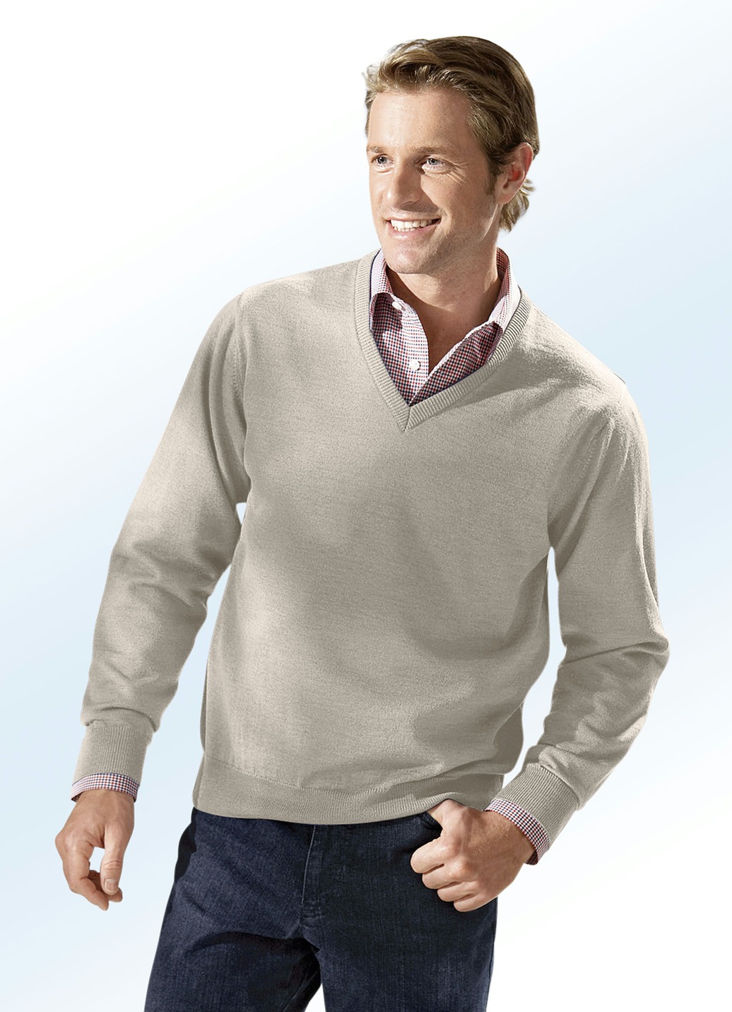 Pullover in 4 Farben mit V-Ausschnitt, Beige Meliert, Größe 60 von BADER