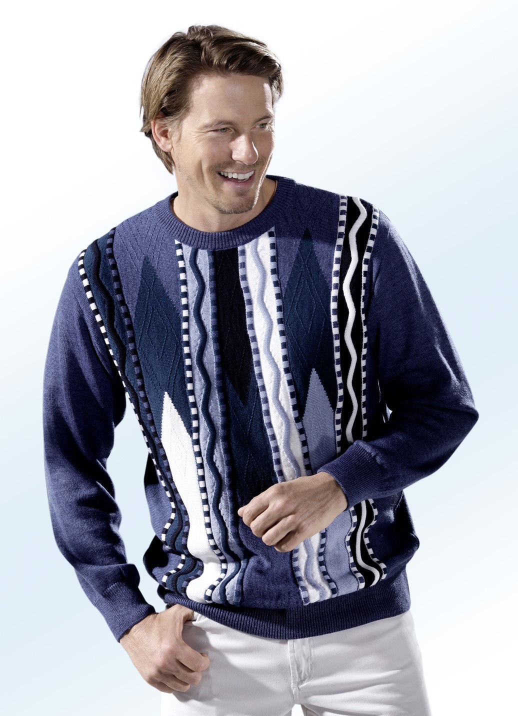Pullover mit aufwendigem Intarsien-Dessin, Blau Meliert-Petrol-Weiss-Nachtblau, Größe 44 von BADER