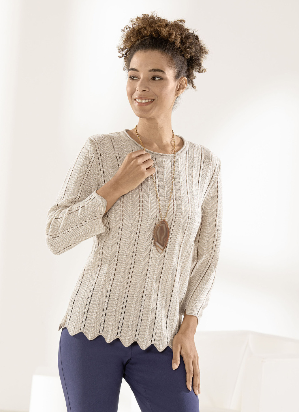 Pullover mit aufwendiger, zweifarbiger Struktur, Beige-Weiss, Größe 50 von BADER