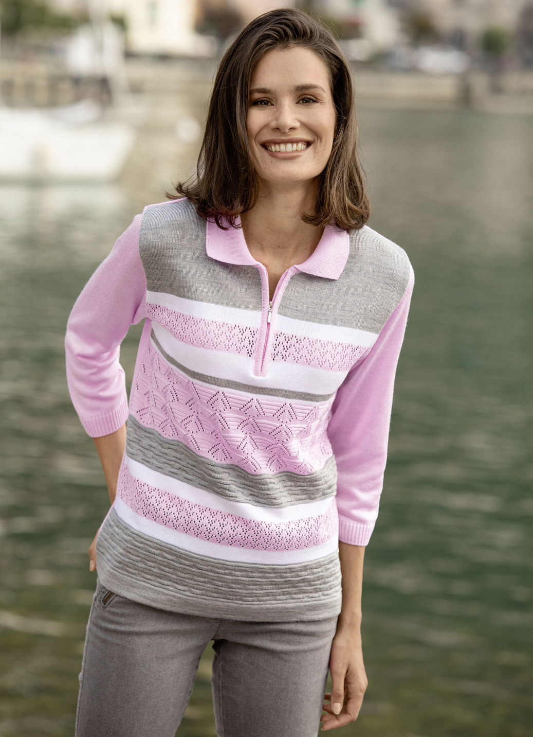 Pullover mit dezentem Glanz, Rosé-Grau-Weiss, Größe 48 von BADER