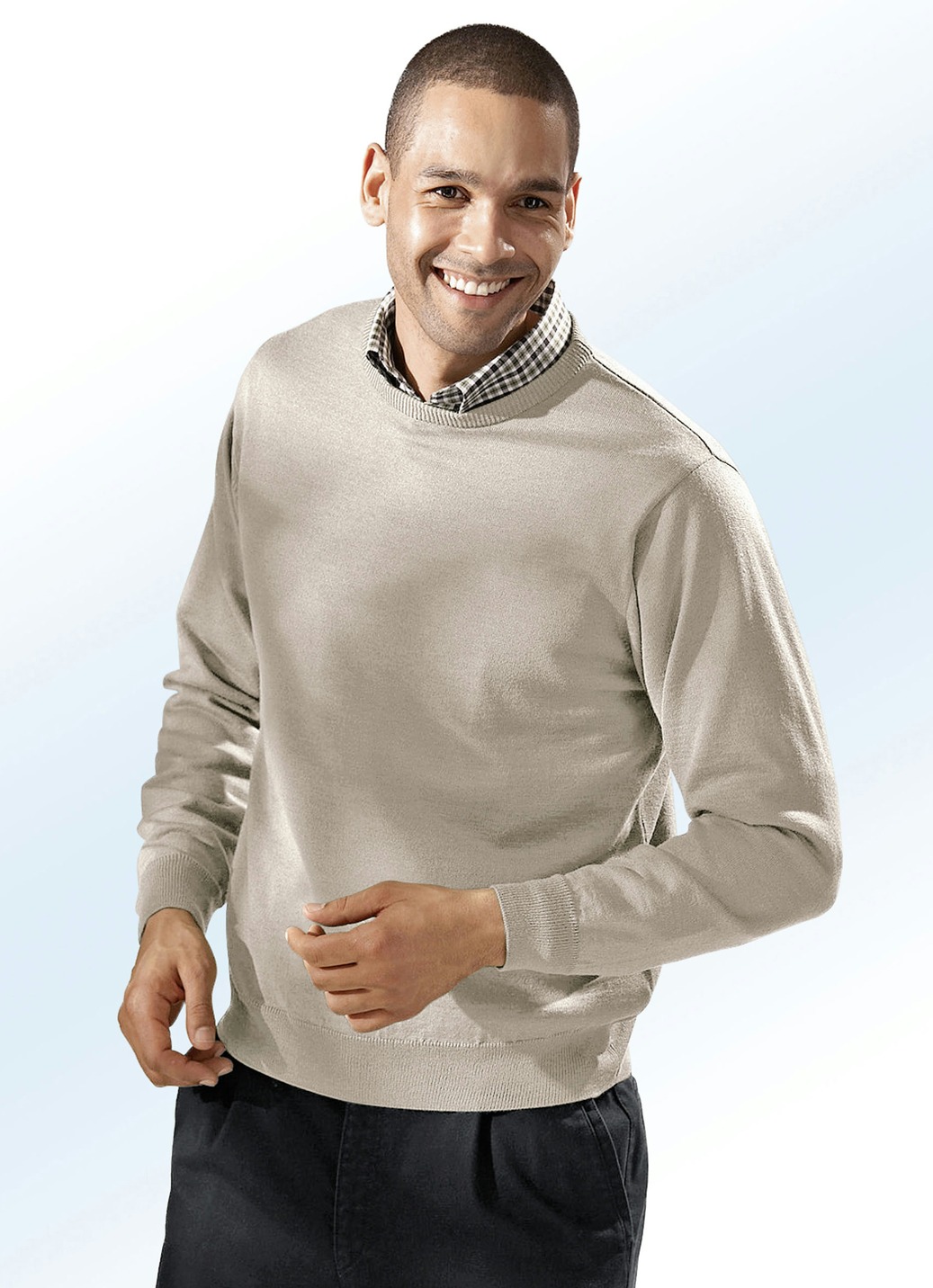 Pullover in 4 Farben mit rundem Halsausschnitt, Beige Meliert, Größe 46 von BADER