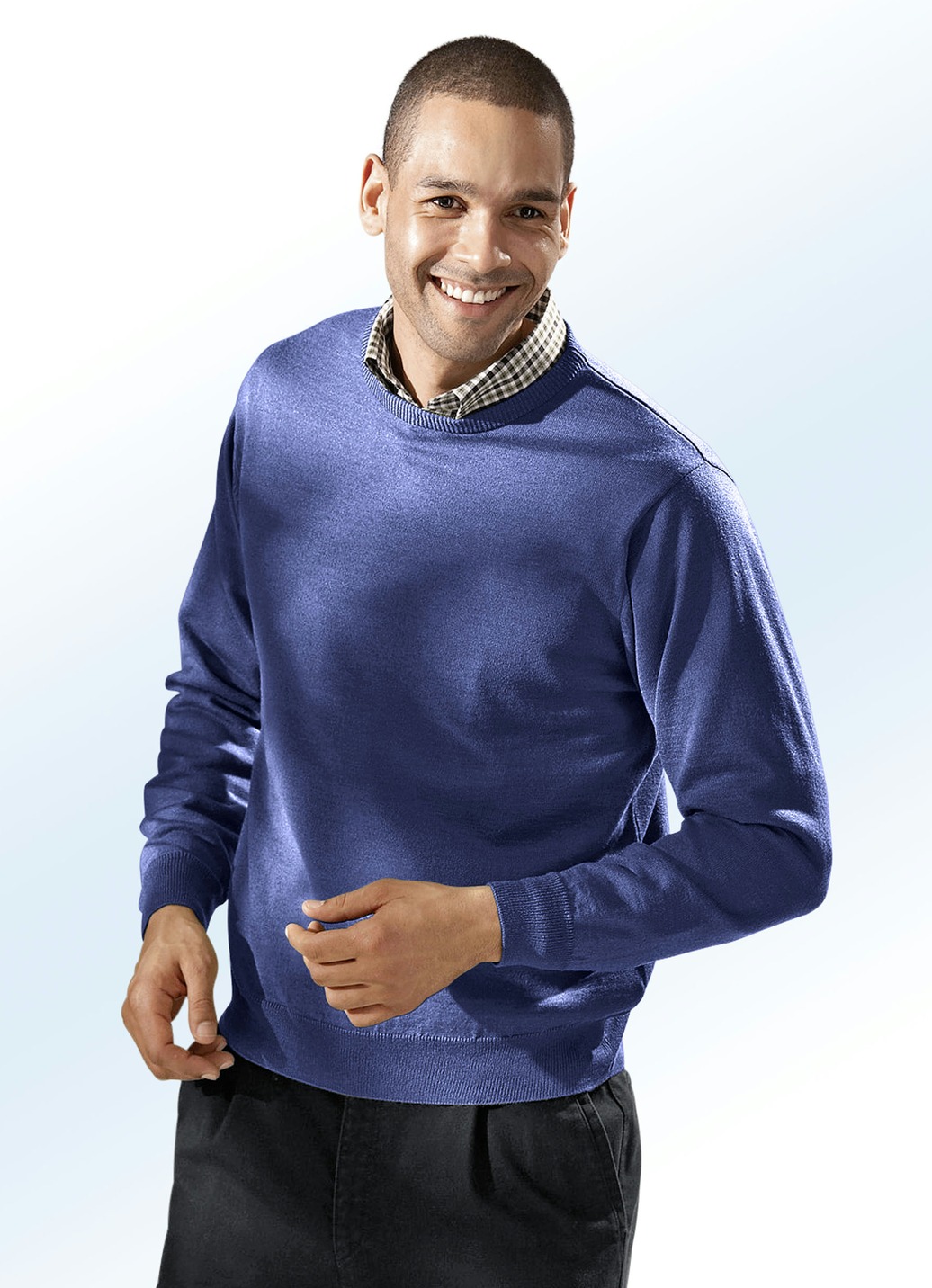 Pullover in 4 Farben mit rundem Halsausschnitt, Jeansblau Meliert, Größe 52 von BADER