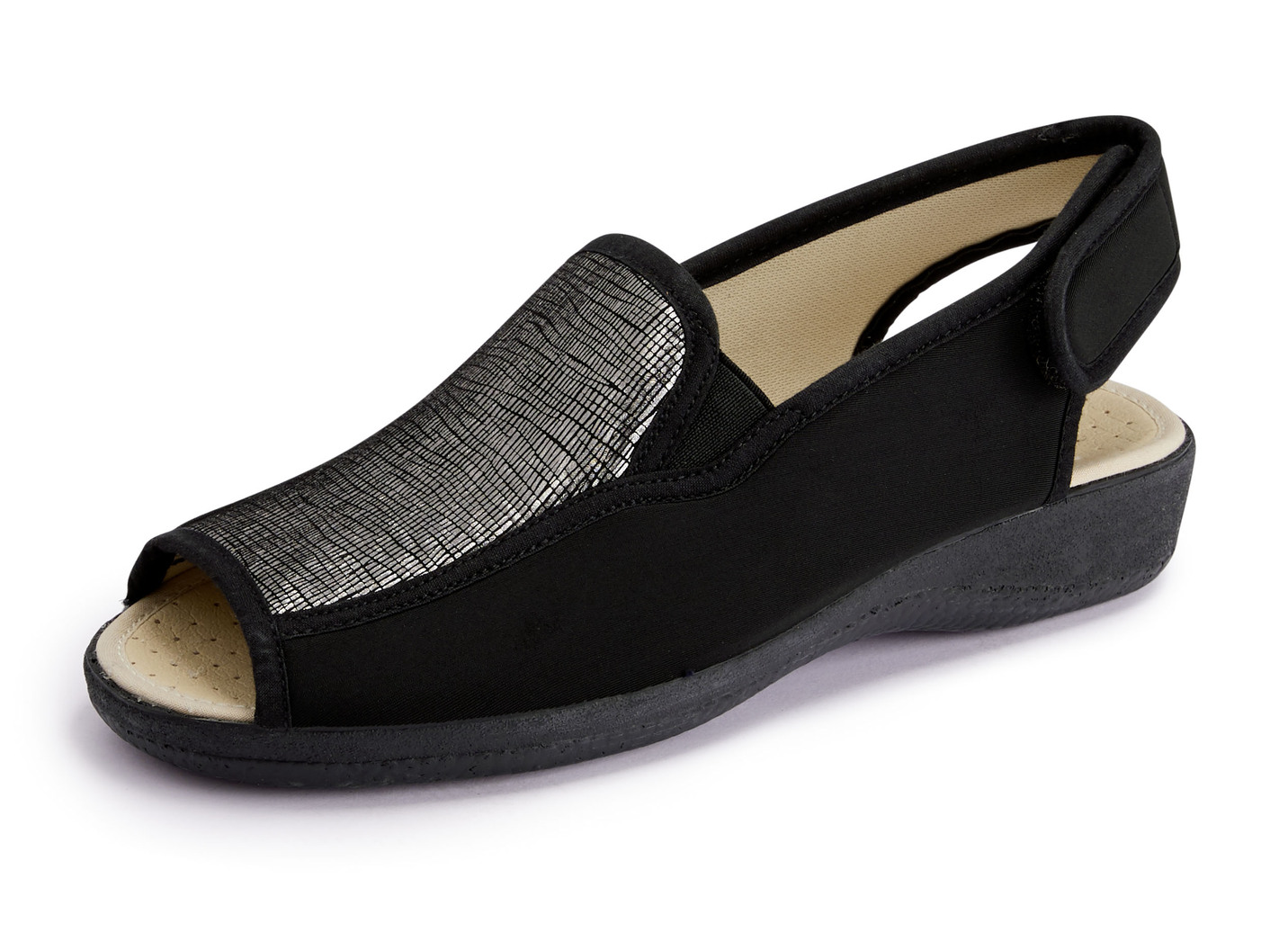 Sandale aus elastischem Textilmaterial, Schwarz-Altsilber, Größe 38 von BADER