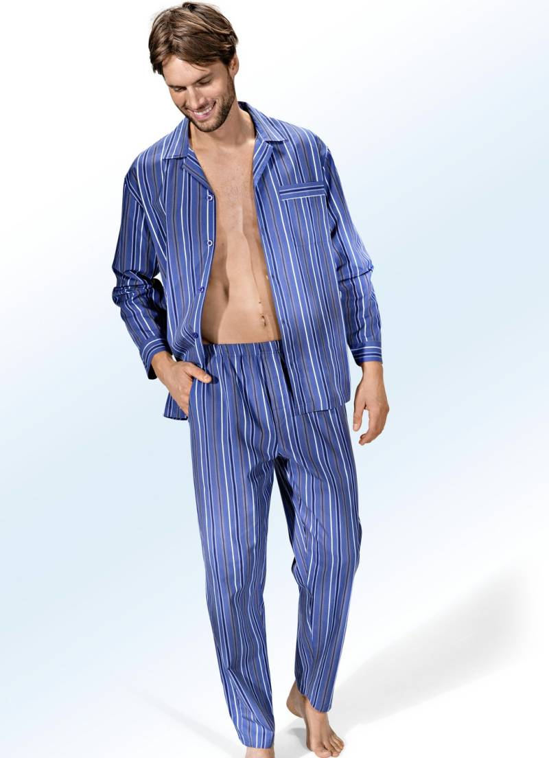 Schlafanzug, durchgeknöpft, aus Webware mit Streifendessin, Jeansblau-Bunt, Größe 58 von BADER