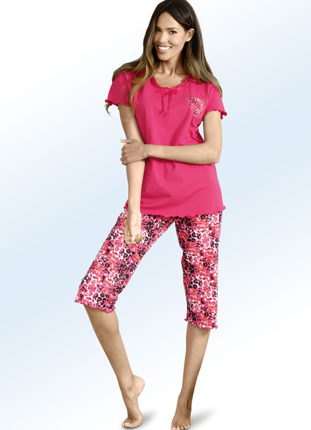 Schlafanzug mit Satinband und kurzen Ärmeln, Pink-Bunt, Größe 44 von BADER