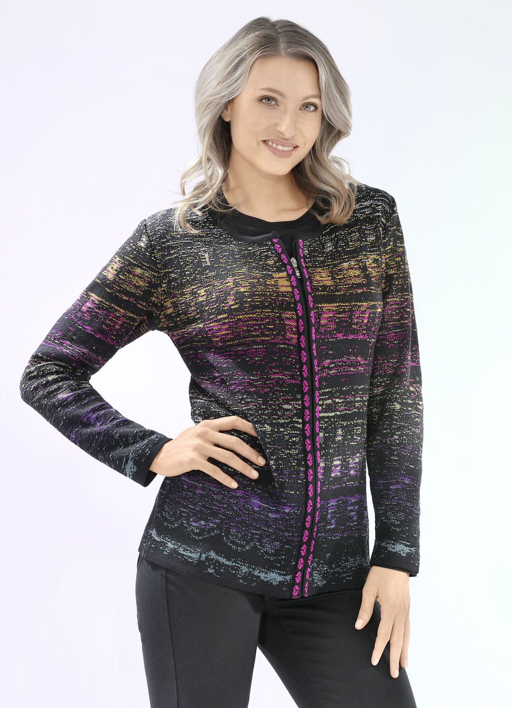 Strickjacke in Jacquard-Dessin, Schwarz-Multicolor, Größe 42 von BADER