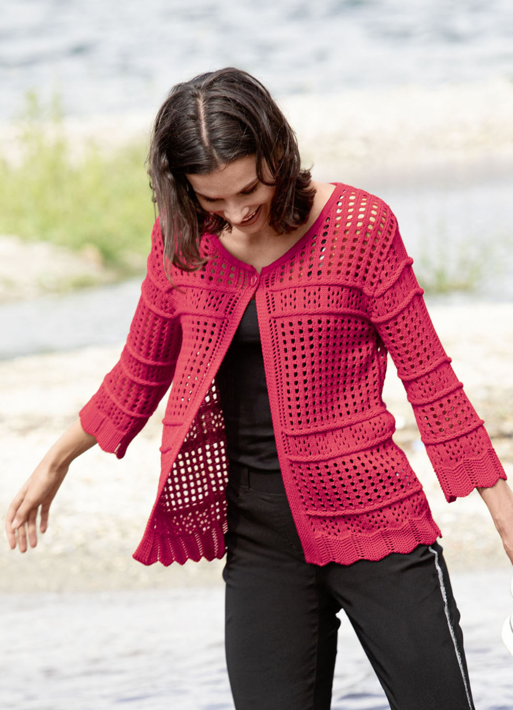 Strickjacke mit Ajourmuster, Rot, Größe 46 von BADER