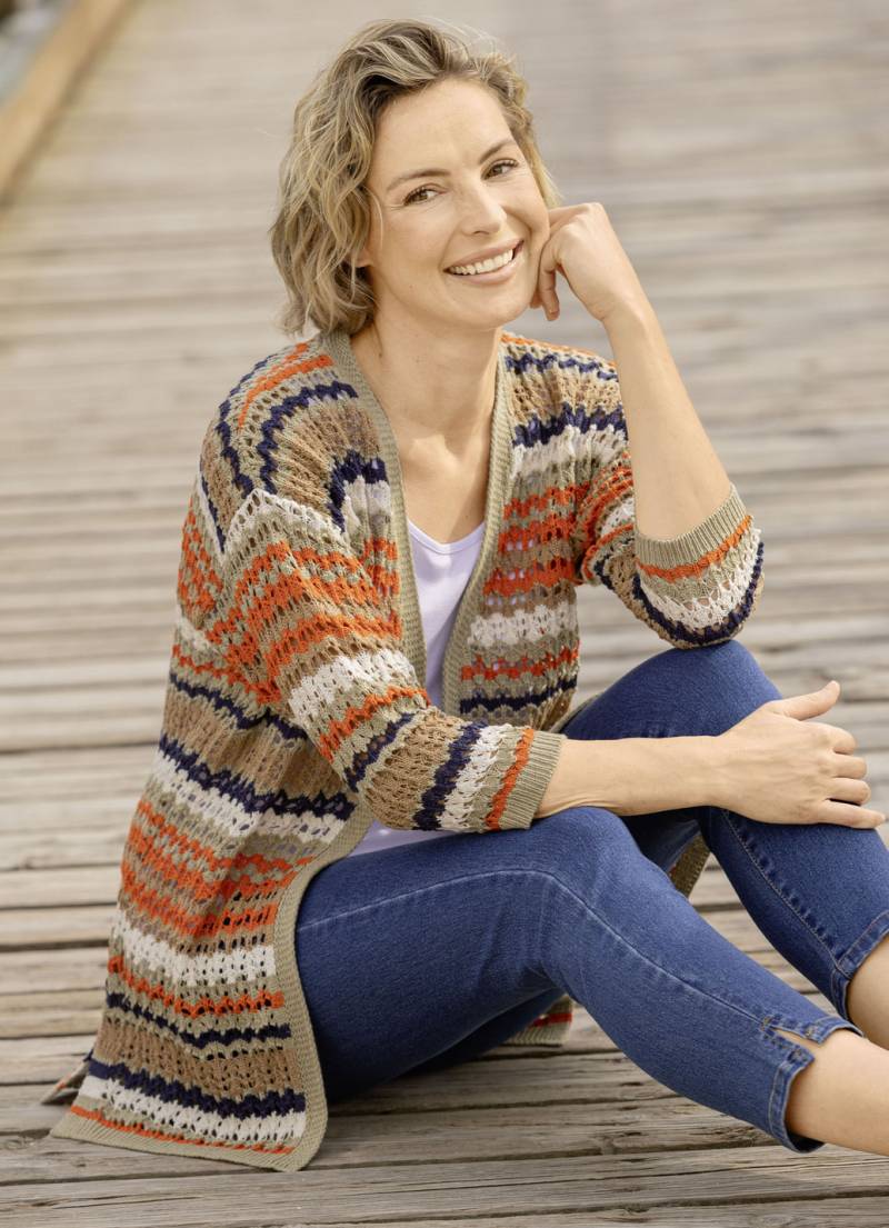 Strickjacke mit nachhaltig recycelter Baumwolle, Oliv-Orange-Multicolor, Größe 42 von BADER