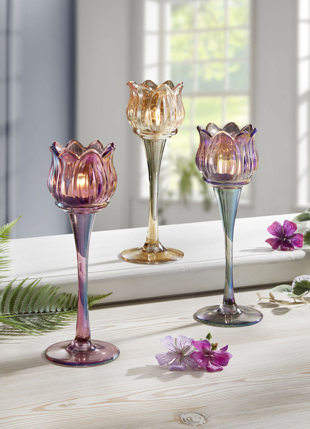 Teelichthalter, 3er-Set, aus Glas, Lila-Grau-Gold Teelichthalter, 3er-Set, aus Glas, Lila-Grau-Gold von BADER