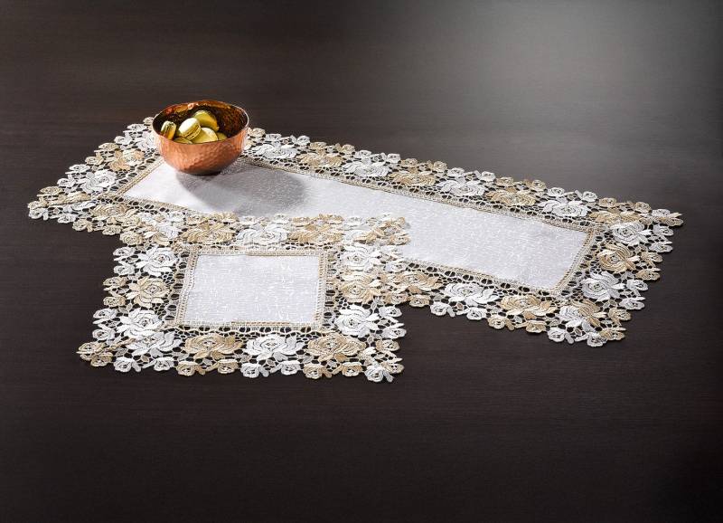 Tischdecke mit Einfassungen in Spitzen-Optik, Größe 102 (Läufer, 40x110 cm), Creme von BADER
