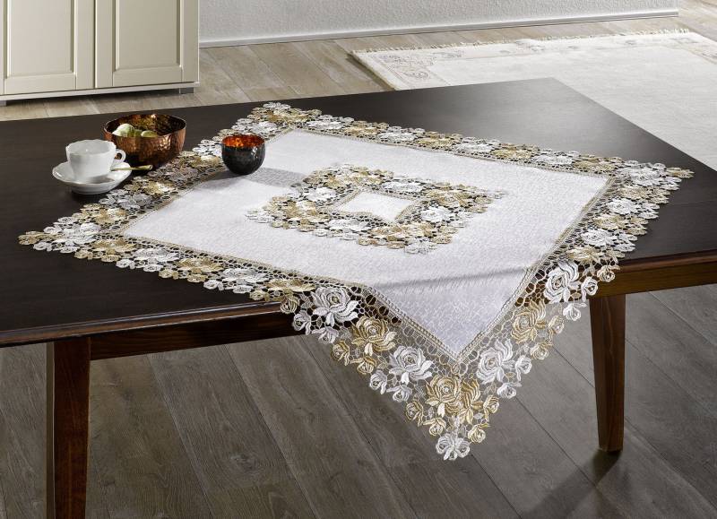Tischdecke mit Einfassungen in Spitzen-Optik, Größe 190 (Tischdecke, 110x110 cm), Creme von BADER