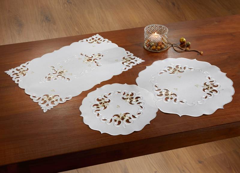 Tischdecke mit aufwendigen Stickereien, Größe 101 (Deckchen, 35x 50 cm), Sekt von BADER