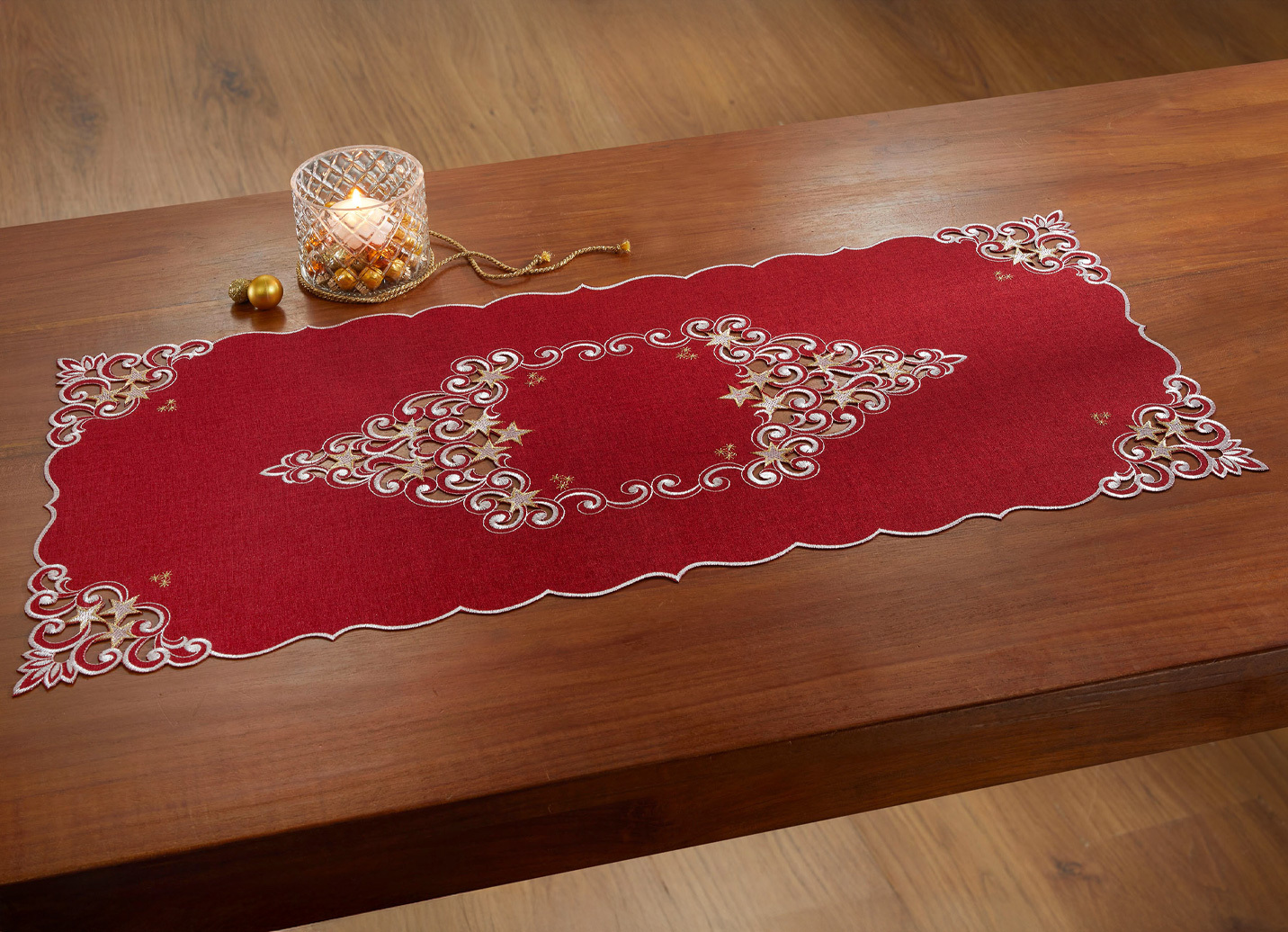 Tischdecke mit aufwendigen Stickereien, Größe 104 (Läufer, 40x160 cm), Rot von BADER