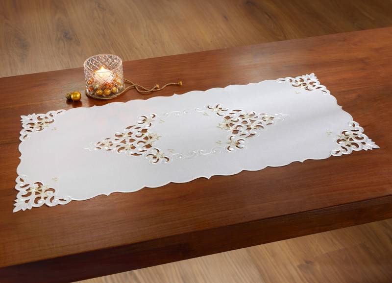 Tischdecke mit aufwendigen Stickereien, Größe 104 (Läufer, 40x160 cm), Sekt von BADER