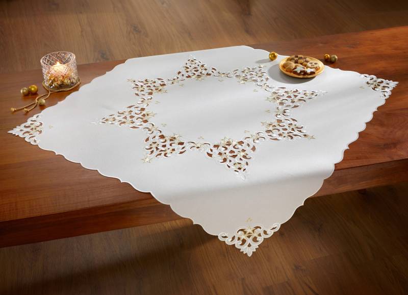 Tischdecke mit aufwendigen Stickereien, Größe 185 (Tischdecke, 85x 85 cm), Sekt von BADER