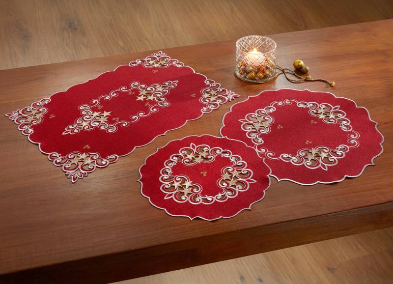 Tischdecke mit aufwendigen Stickereien, Größe 301 (2 Deckchen rund, ø 40 cm), Rot von BADER