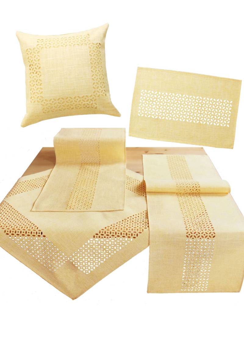 Tischdecke mit dekorativer Lochstanzung, Größe 185 (Mitteldecke, 85/ 85 cm), Gelb von BADER